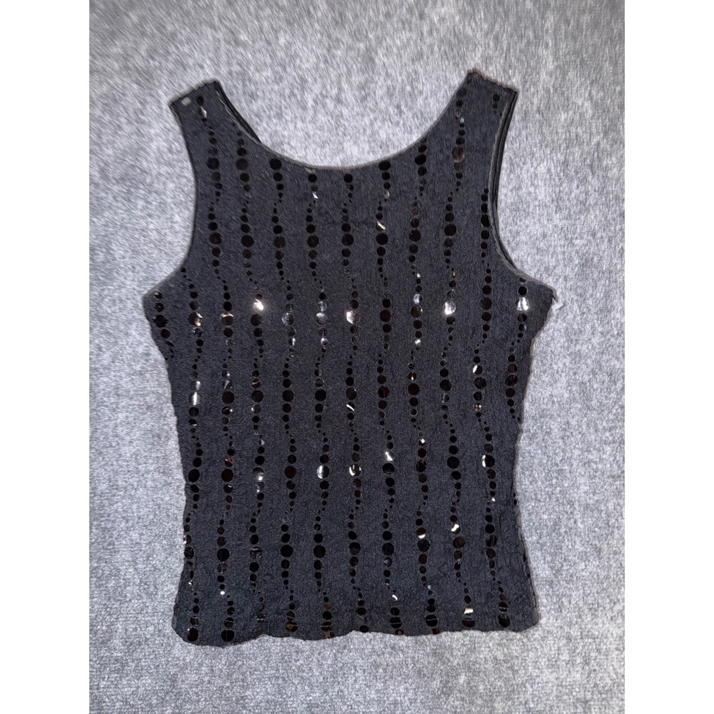 Dawn Joy Evening Black Sequin Tank Top V-Back Sleeveless Blouse Vintage Medium